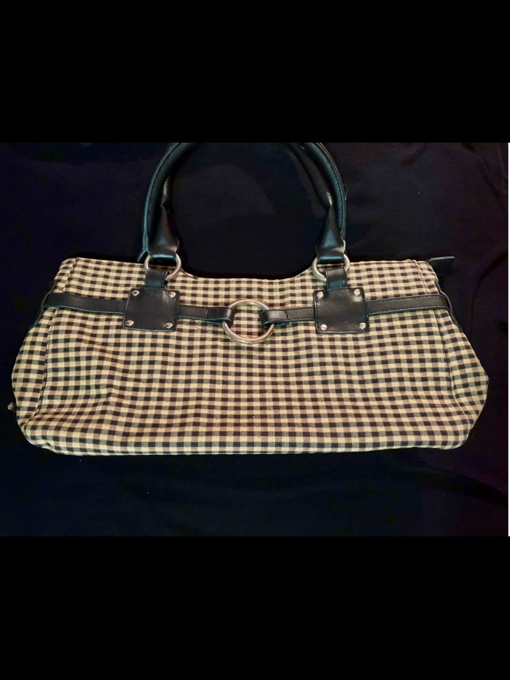 New Classic Black & Cream Check Burberry Style Tote Bag with Ring Accent